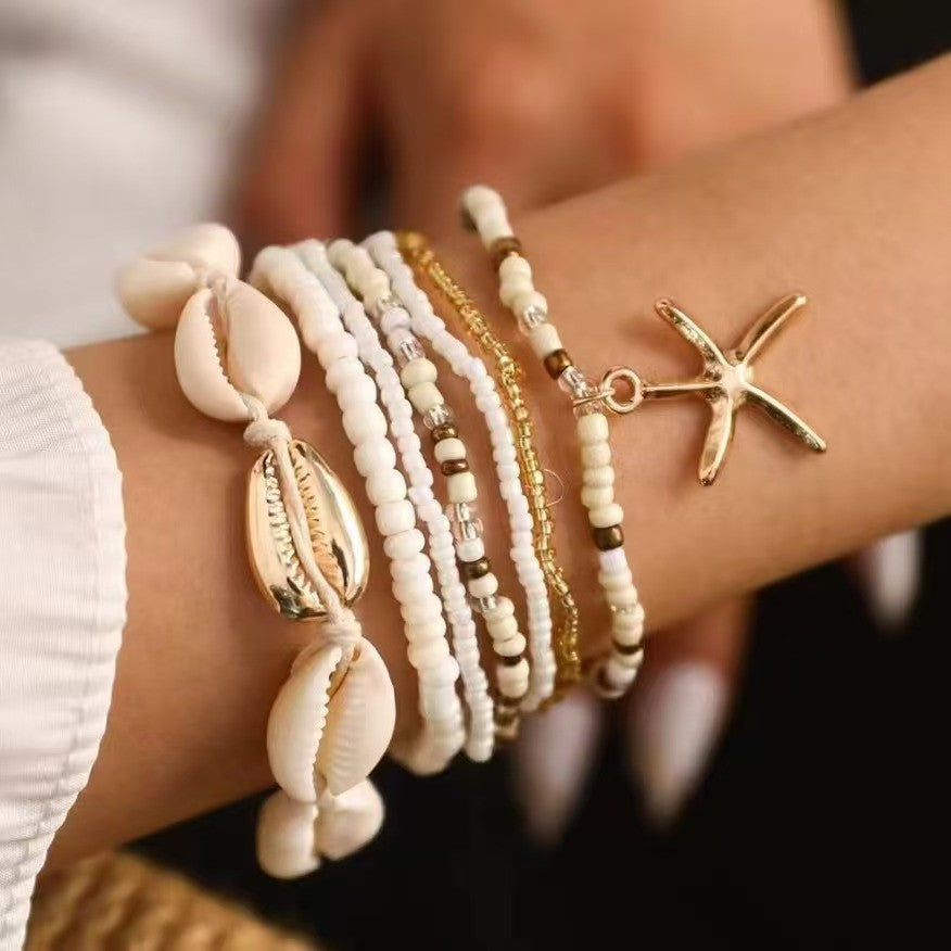 Set de tobilleras con cuentas de conchas y estrellas de mar