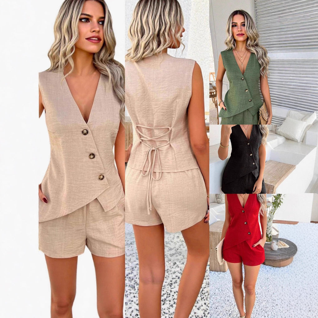 Shorts and Asymmetric V-Neck Top Set