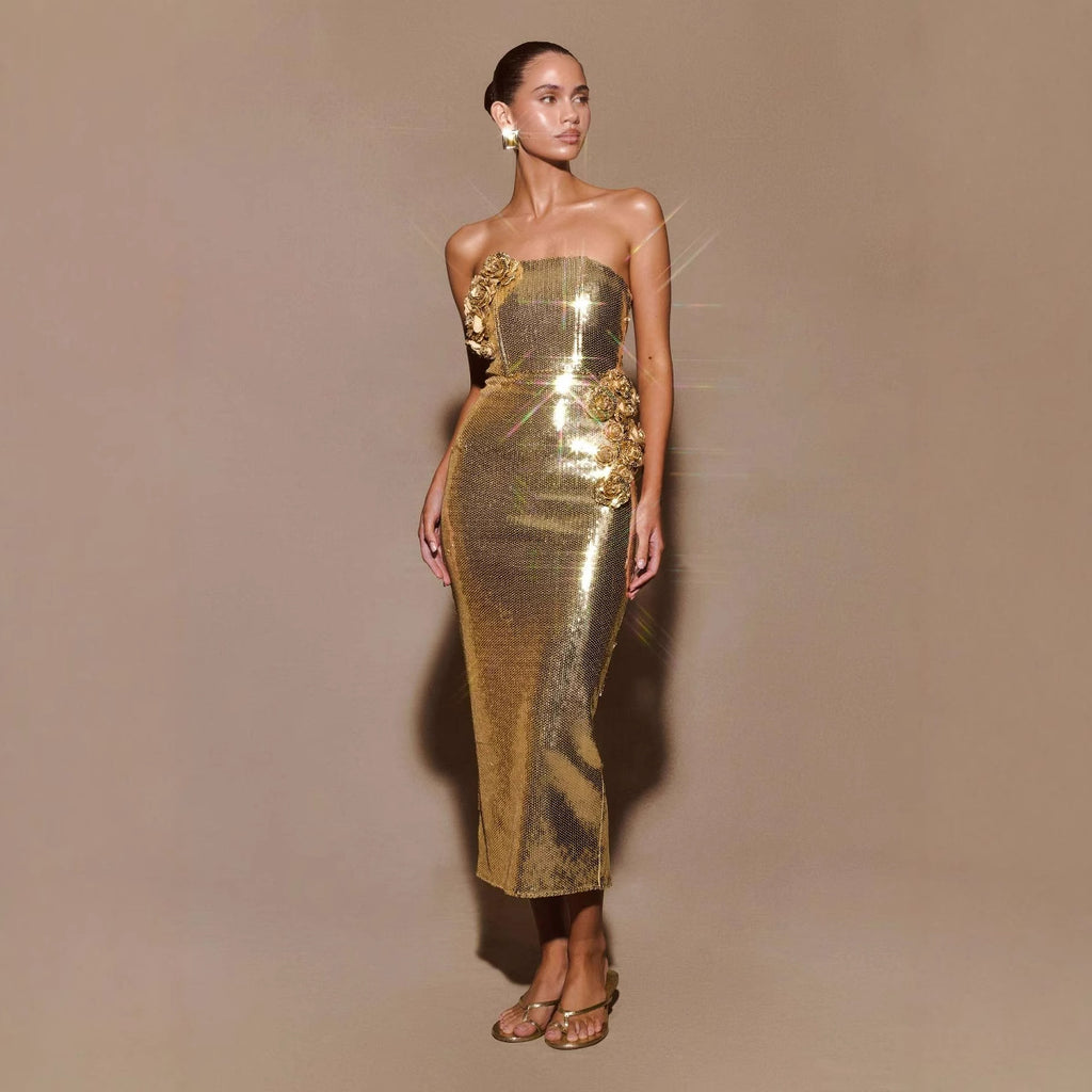Vestido midi dorado con flores 3D
