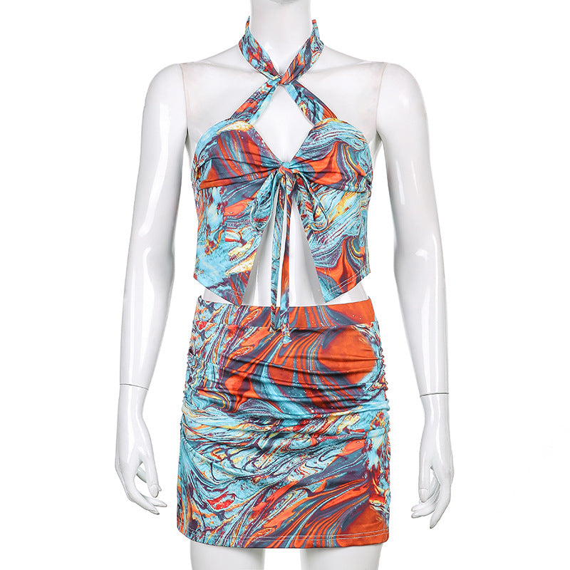 Printed Open Back Set with Halter Neck and Matching Skirt
