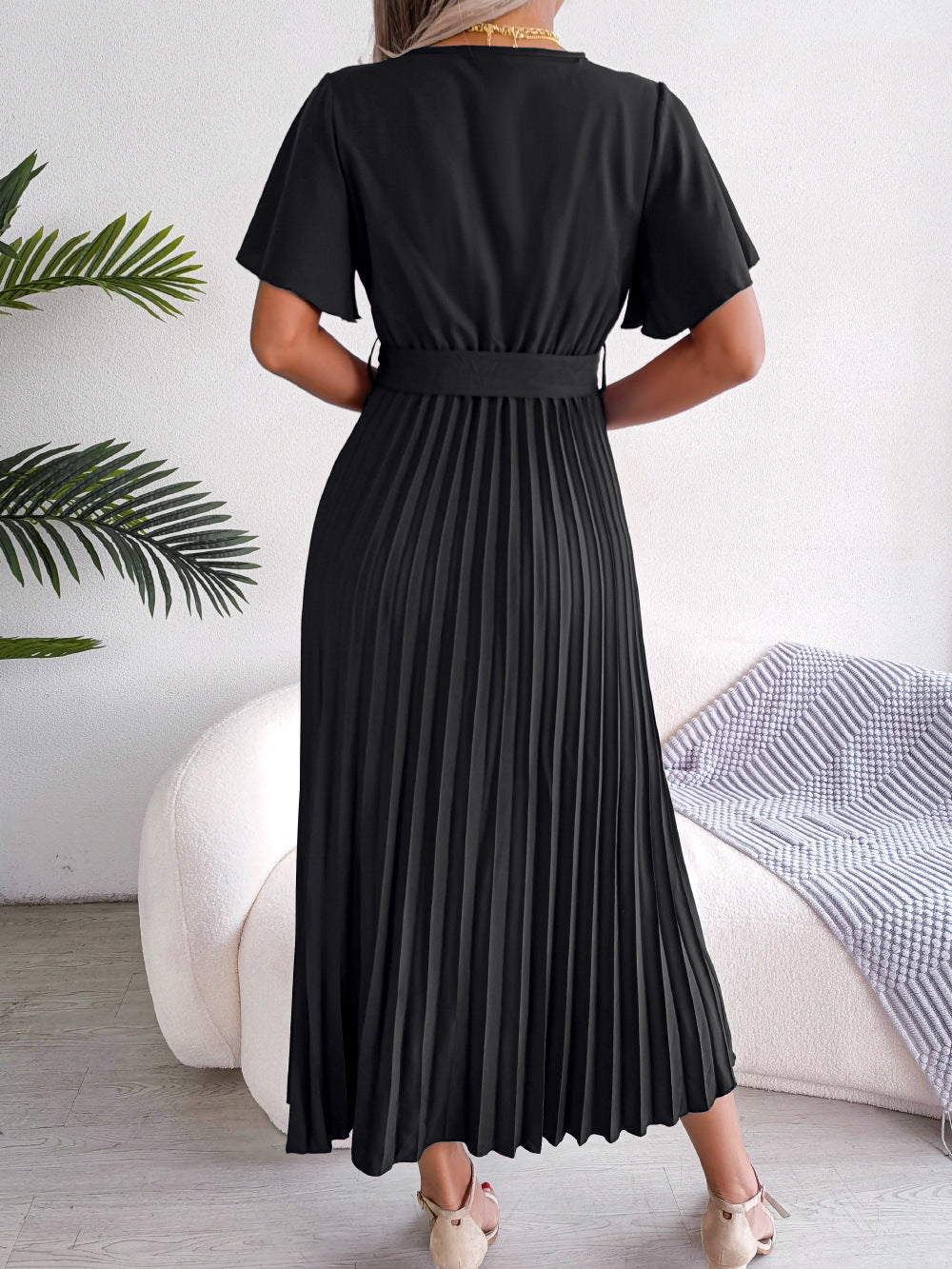 Long Pleated Fluid Dress with Crossover Neckline