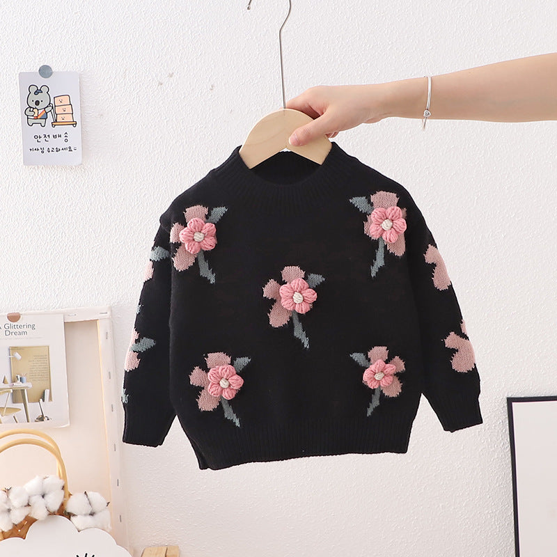 Girls Sweater with Small Flowers Black or Ecru
