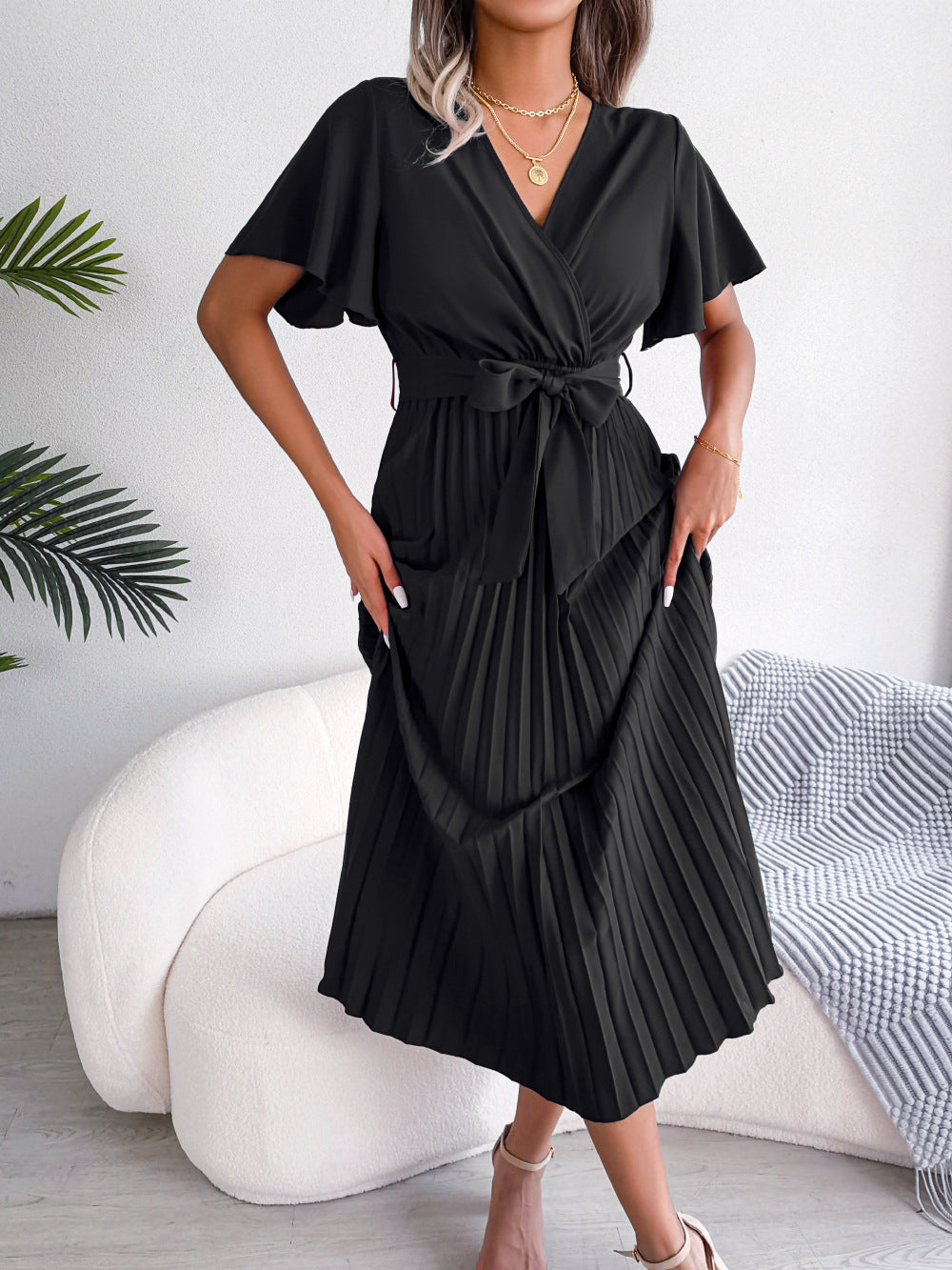 Long Pleated Fluid Dress with Crossover Neckline