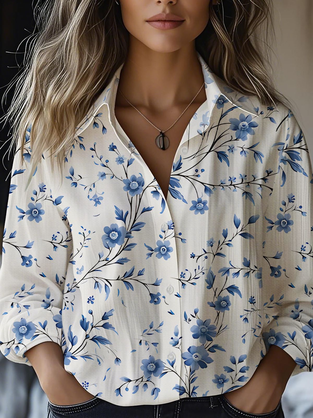 Blusa floral de manga larga en mezcla de lino