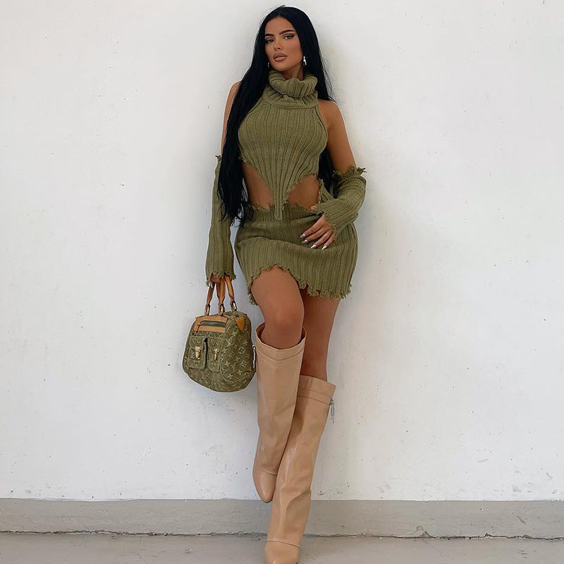 Knit Set with Turtleneck Open Back and Fitted Short Skirt