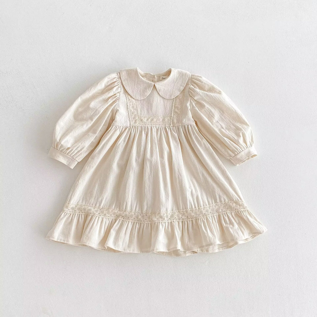 Vestido de manga larga con cuello Peter Pan y lazo para niña