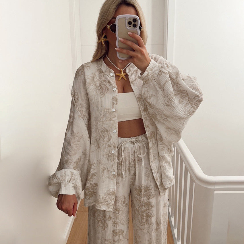 Pijama de algodón transpirable: camiseta de manga larga y pantalón