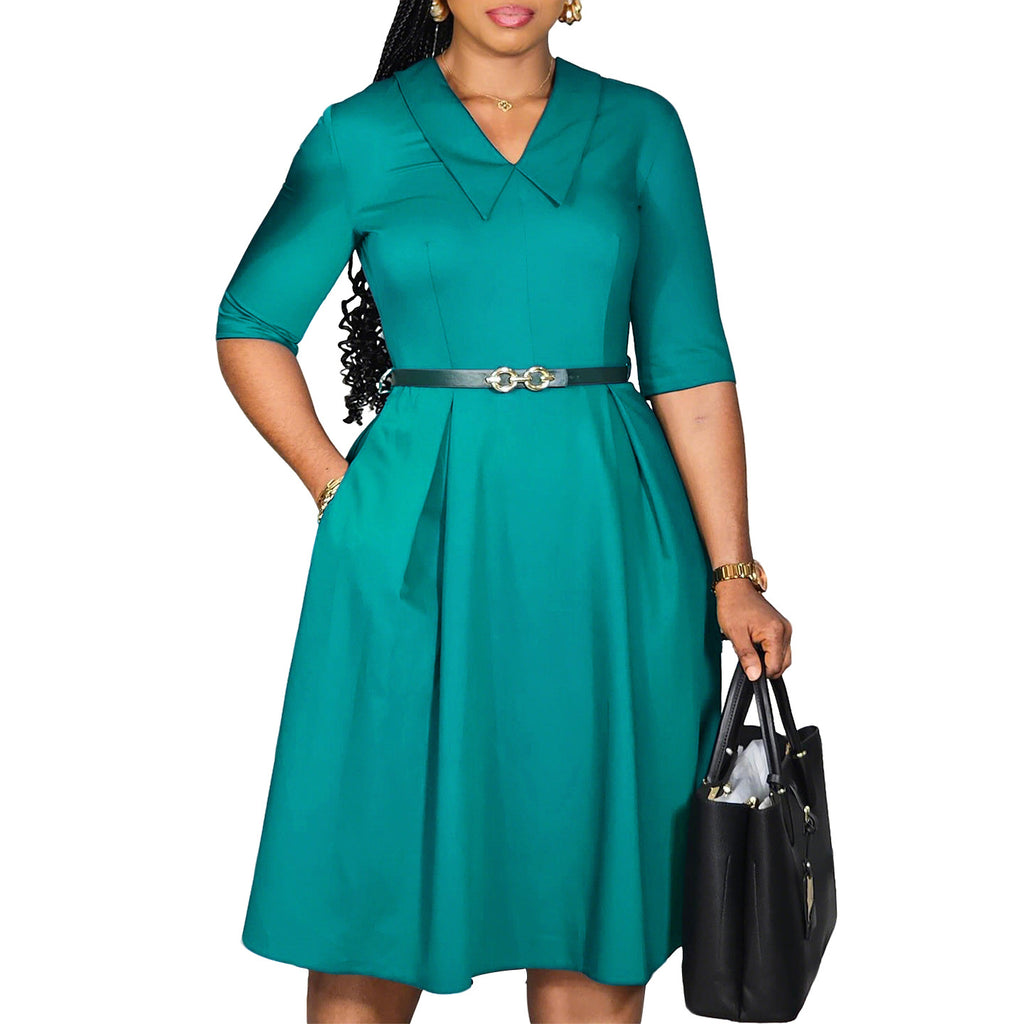 Vestido Midi Elegante para Mujer con Cinturón y Mangas a la Mitad