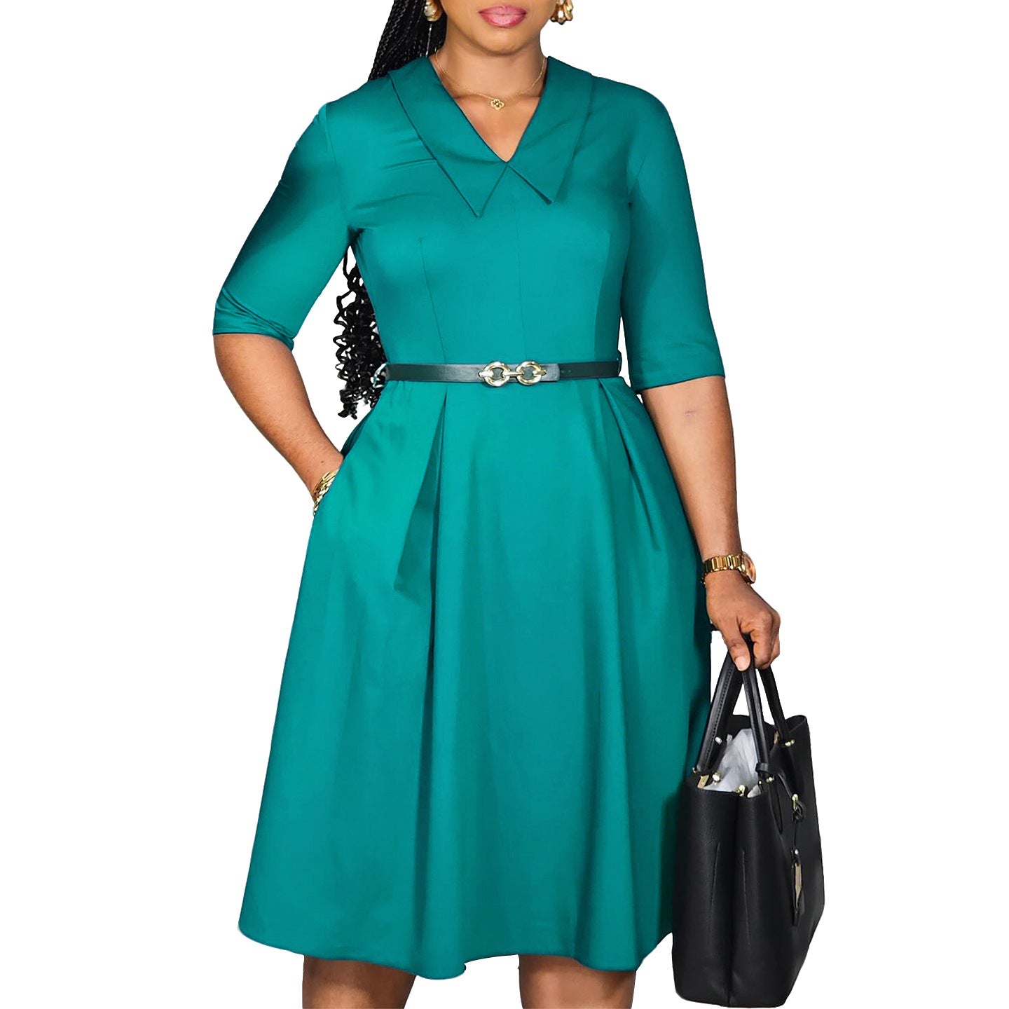 Vestido Midi Elegante para Mujer con Cinturón y Mangas a la Mitad