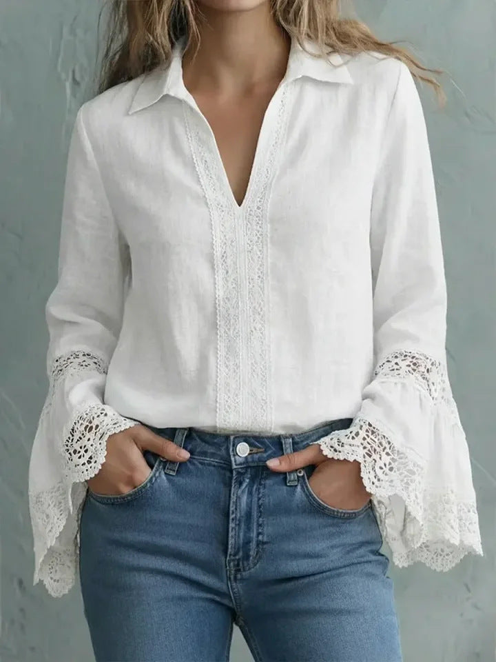 Blusa elegante de mezcla de algodón con acabados de encaje