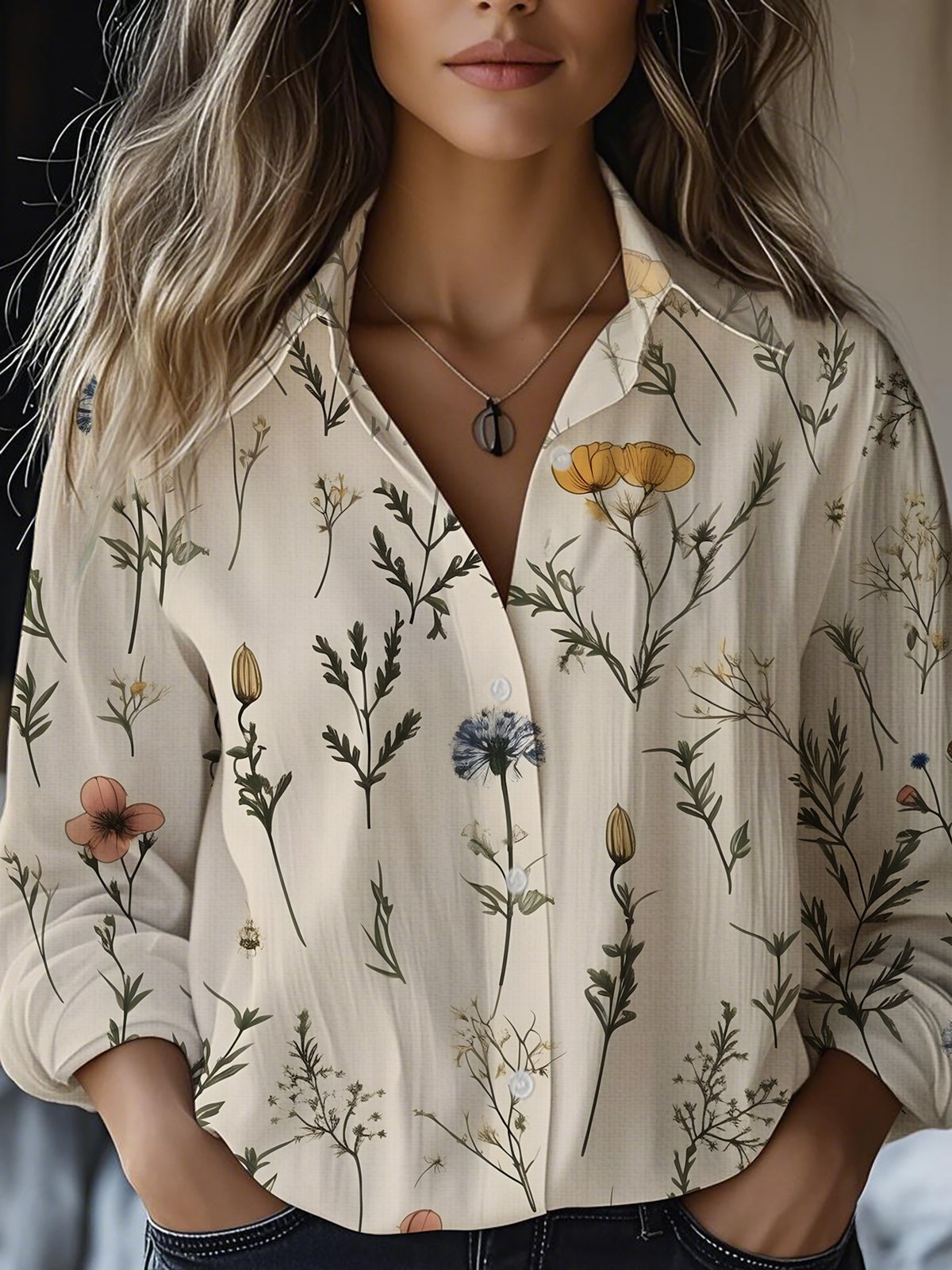 Blusa floral de manga larga en mezcla de lino