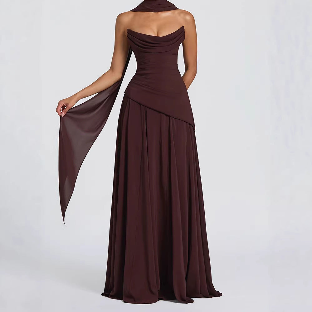 Long Ruched Sleeveless Dress with Open Back