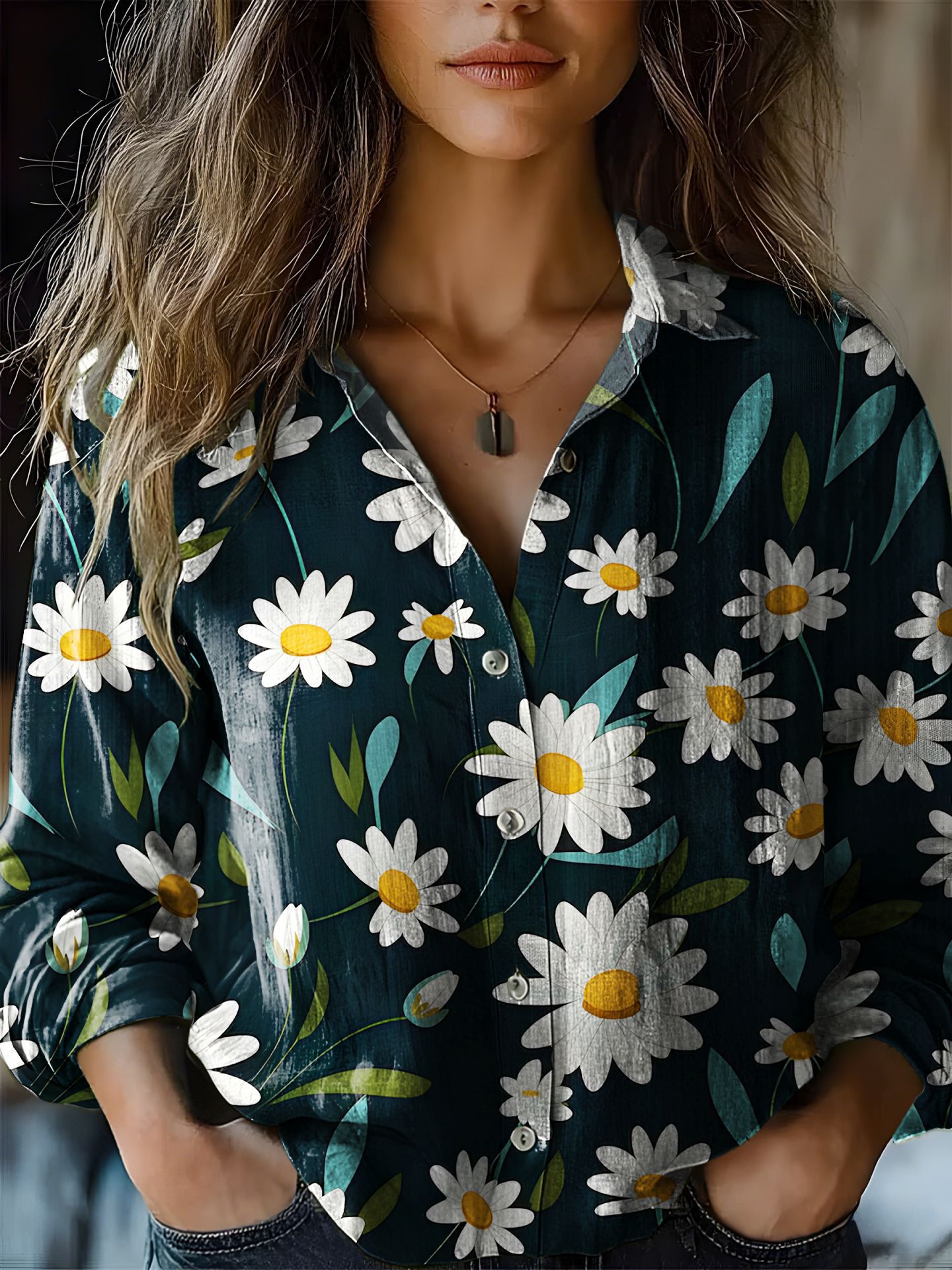 Blusa floral de manga larga en mezcla de lino