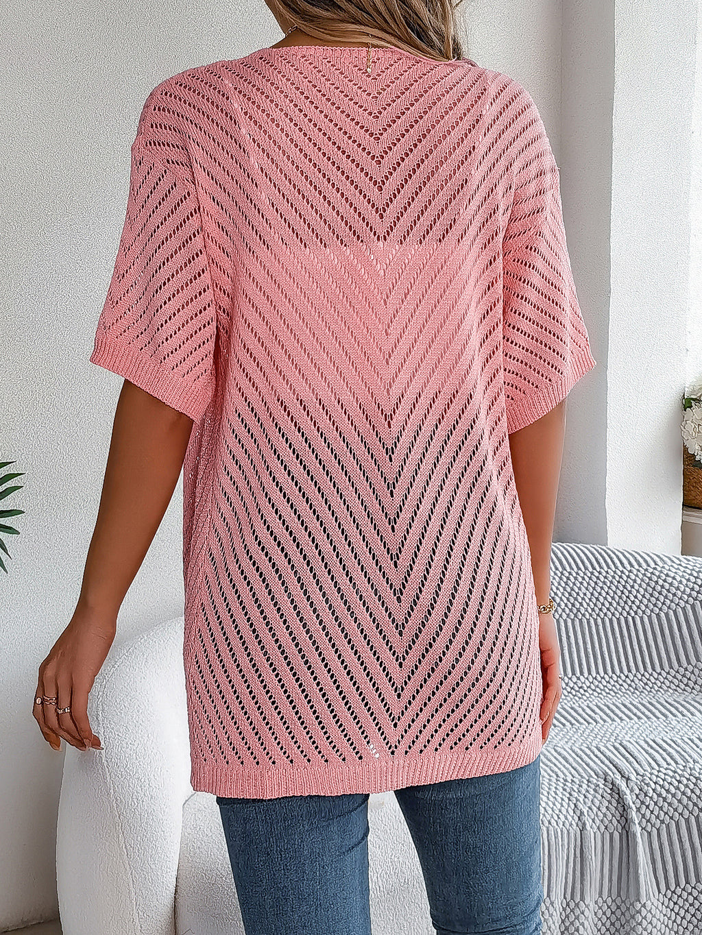 Long Open-Knit Cardigan with Vertical Stripes and Short Sleeves