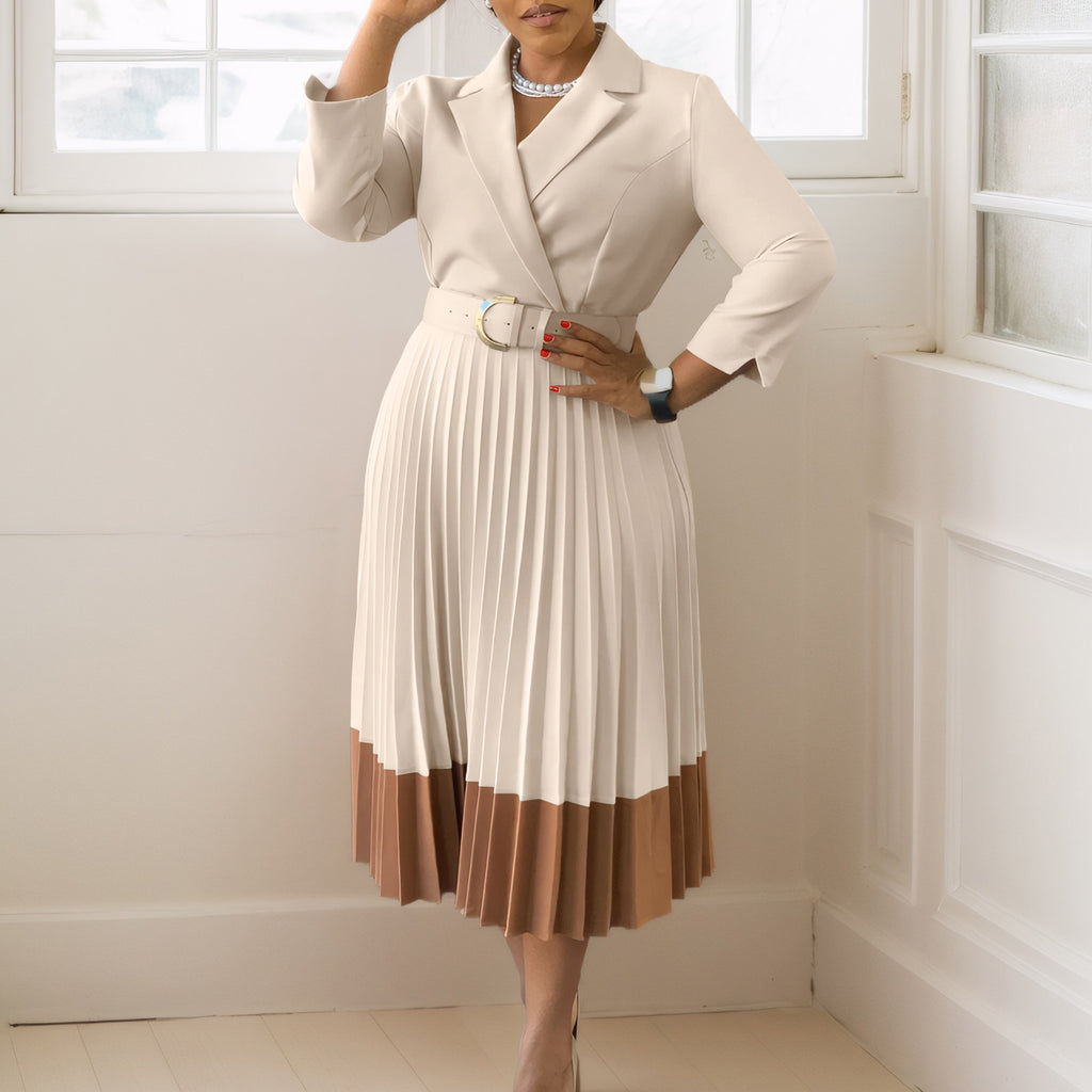 Robe midi plissée élégante pour femme avec col et ceinture