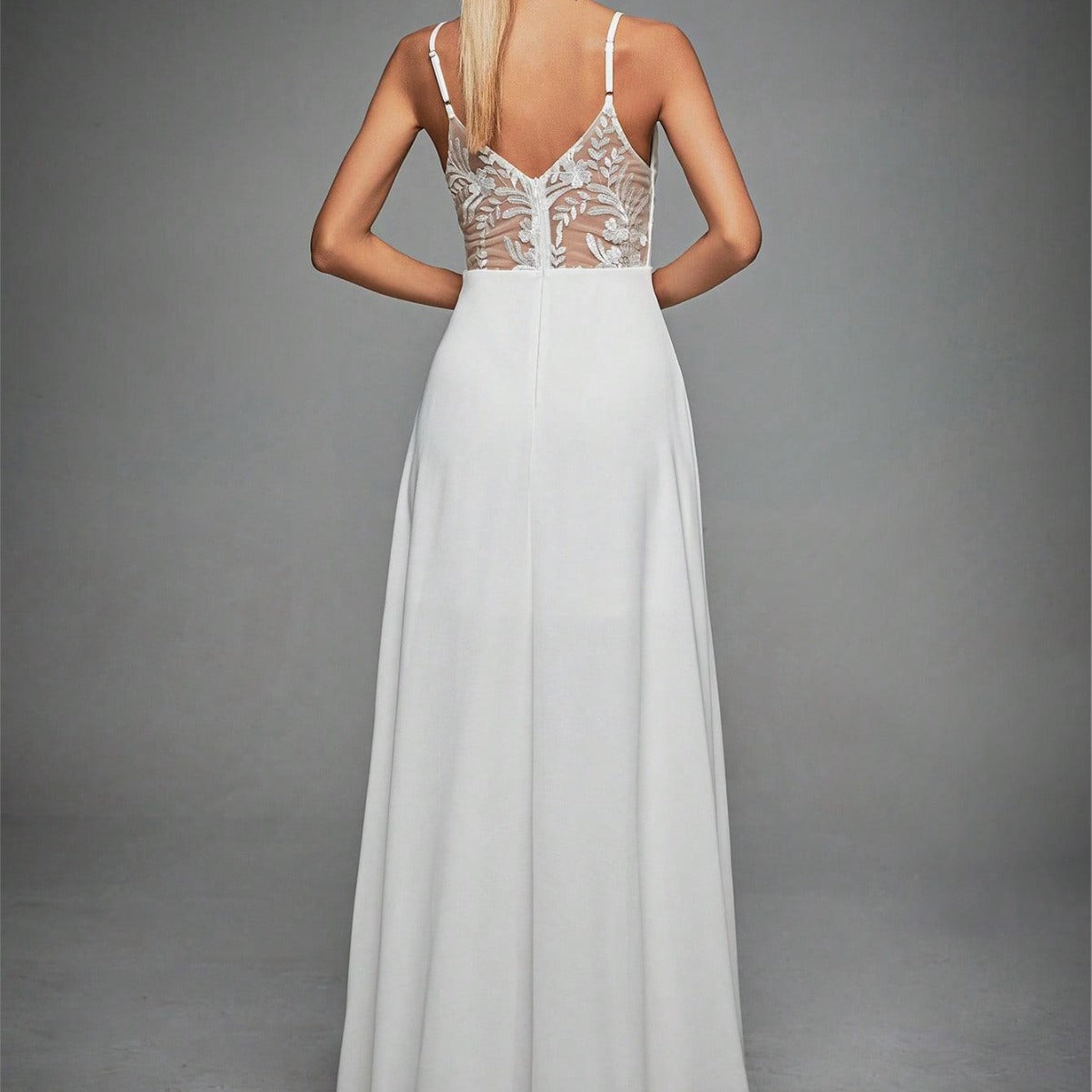 Long Evening Dress with Straps, V-Neck and Lace