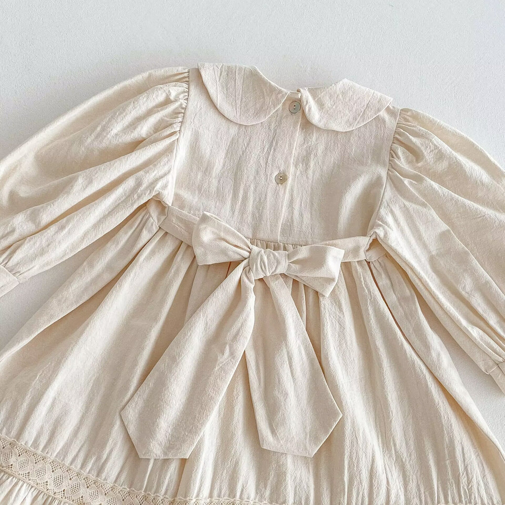 Vestido de manga larga con cuello Peter Pan y lazo para niña