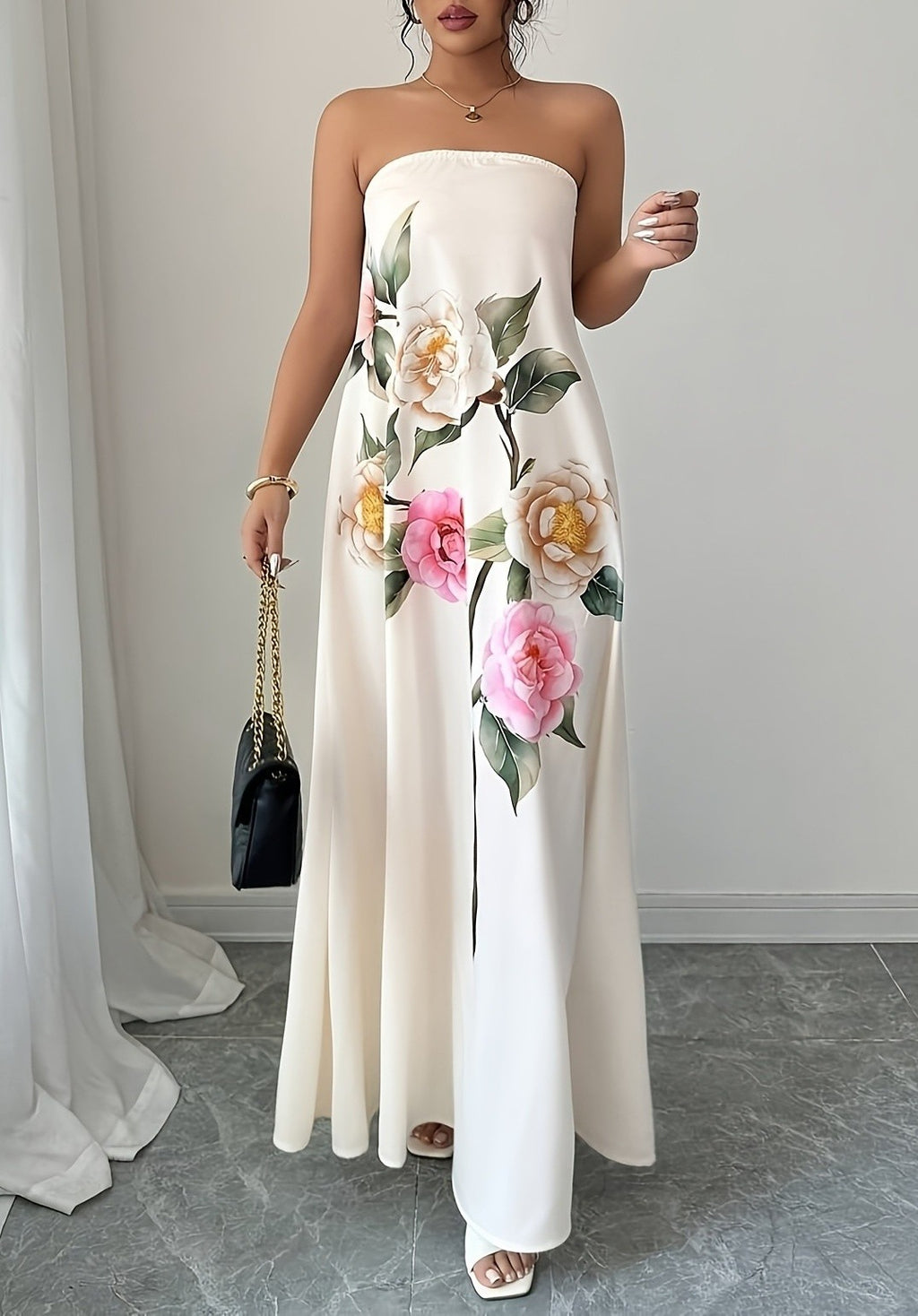 Long Floral Strapless Dress with Flowing Fit
