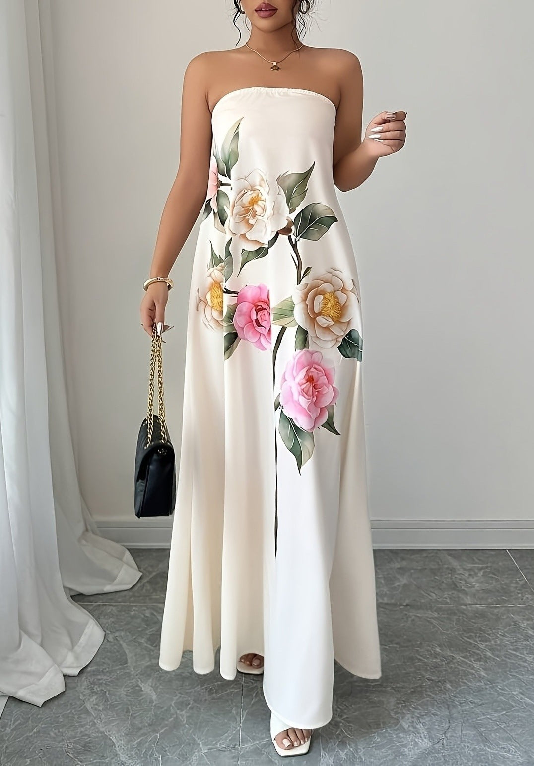 Long Floral Strapless Dress with Flowing Fit