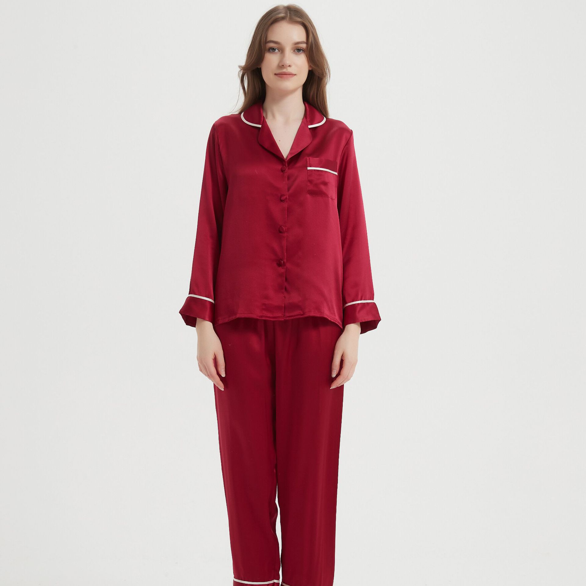 Conjunto de Pijama de Seda de Manga Larga para Mujer