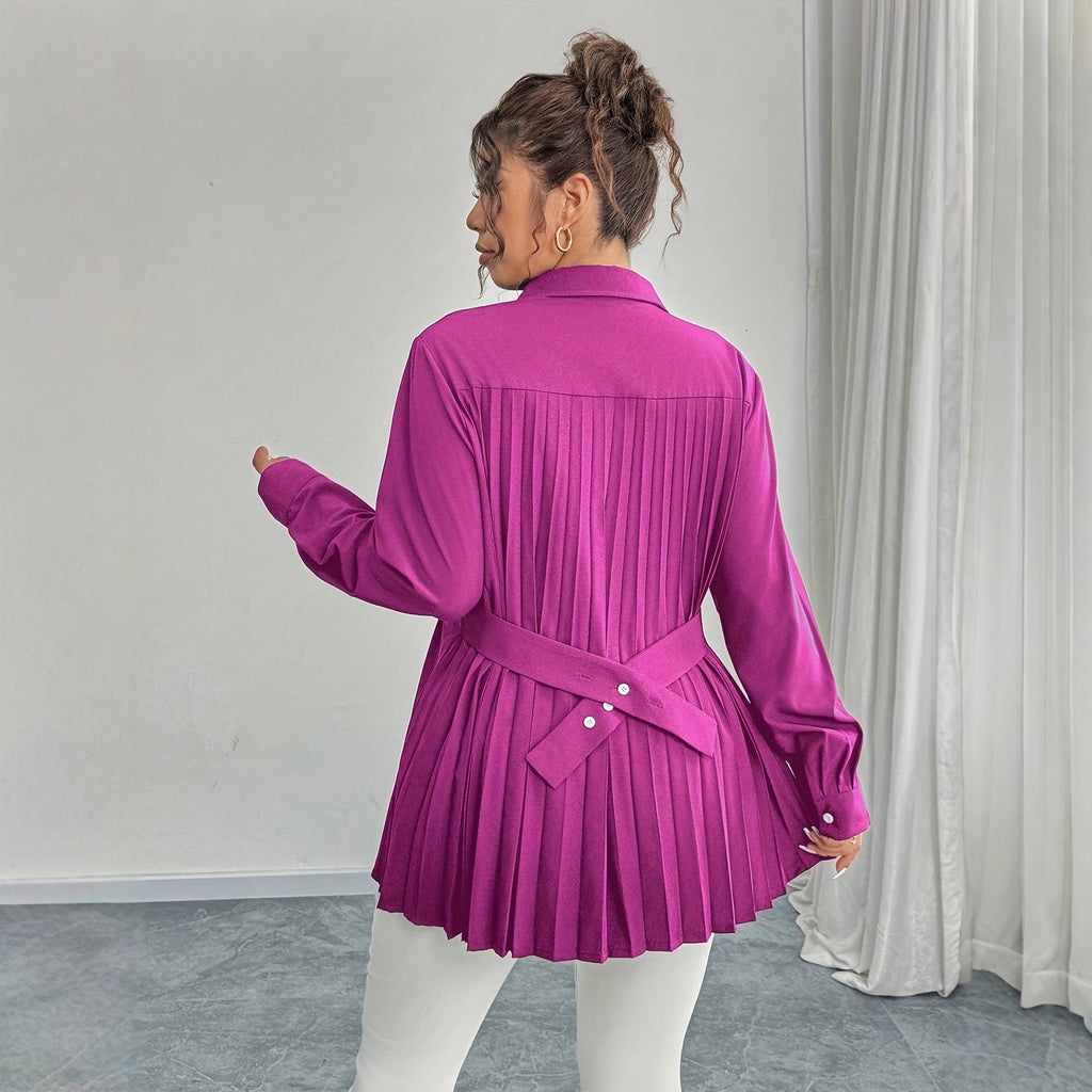 Elegant Waist-Pleated Solid-Color Shirt for Women