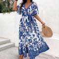 Long Printed Dress with V-Neck and Elastic Waist