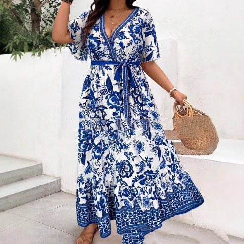 Long Printed Dress with V-Neck and Elastic Waist