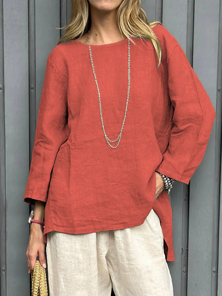 Blusa de algodón y lino con cuello redondo y manga larga