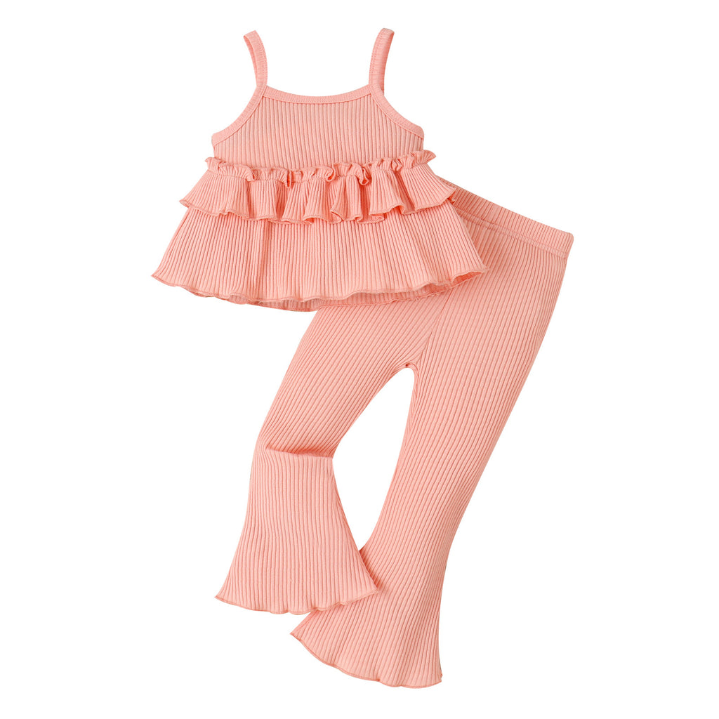 Girls 2-Piece Cotton Set Sleeveless Lace Collar Blouse & Pants
