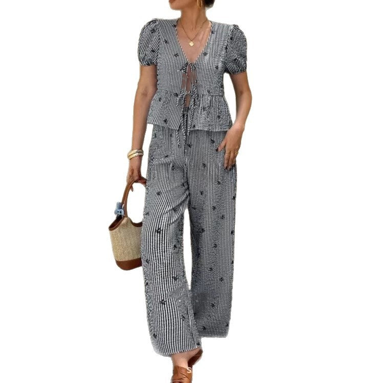 Chic Striped Set: Puff Sleeve Shirt and Long Pants