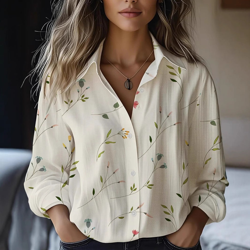 Blusa floral de manga larga en mezcla de lino