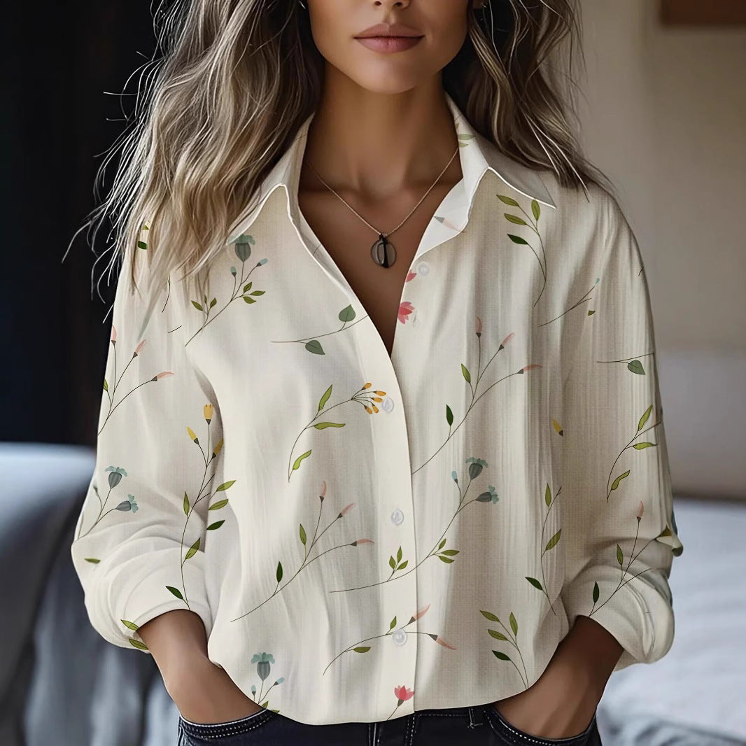 Blusa floral de manga larga en mezcla de lino