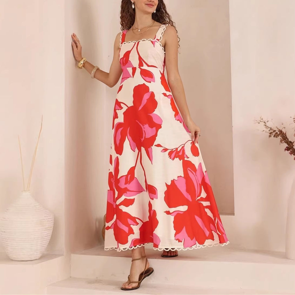 Robe longue évasée à pois avec finitions en dentelle