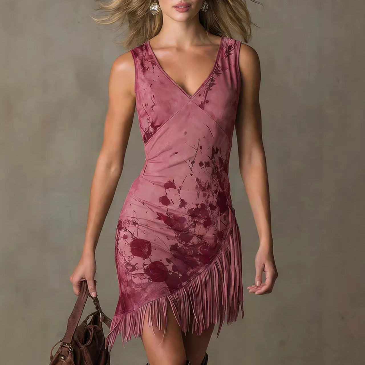 Minivestido escote en V con estampado efecto tinta y remate de flecos