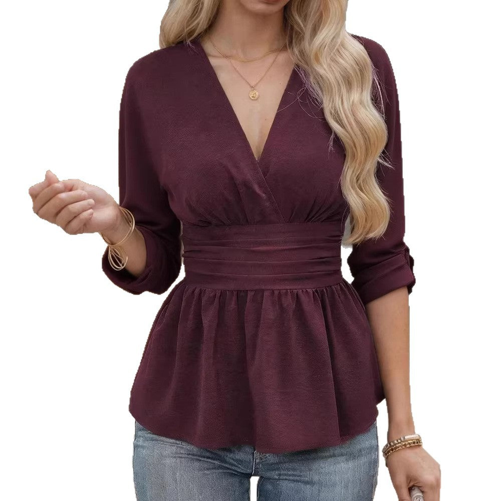 Solid Long Sleeve Top with Ruched Details