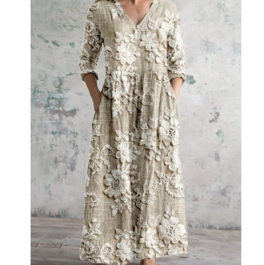 Robe longue imprimée à volants et jupe plissée