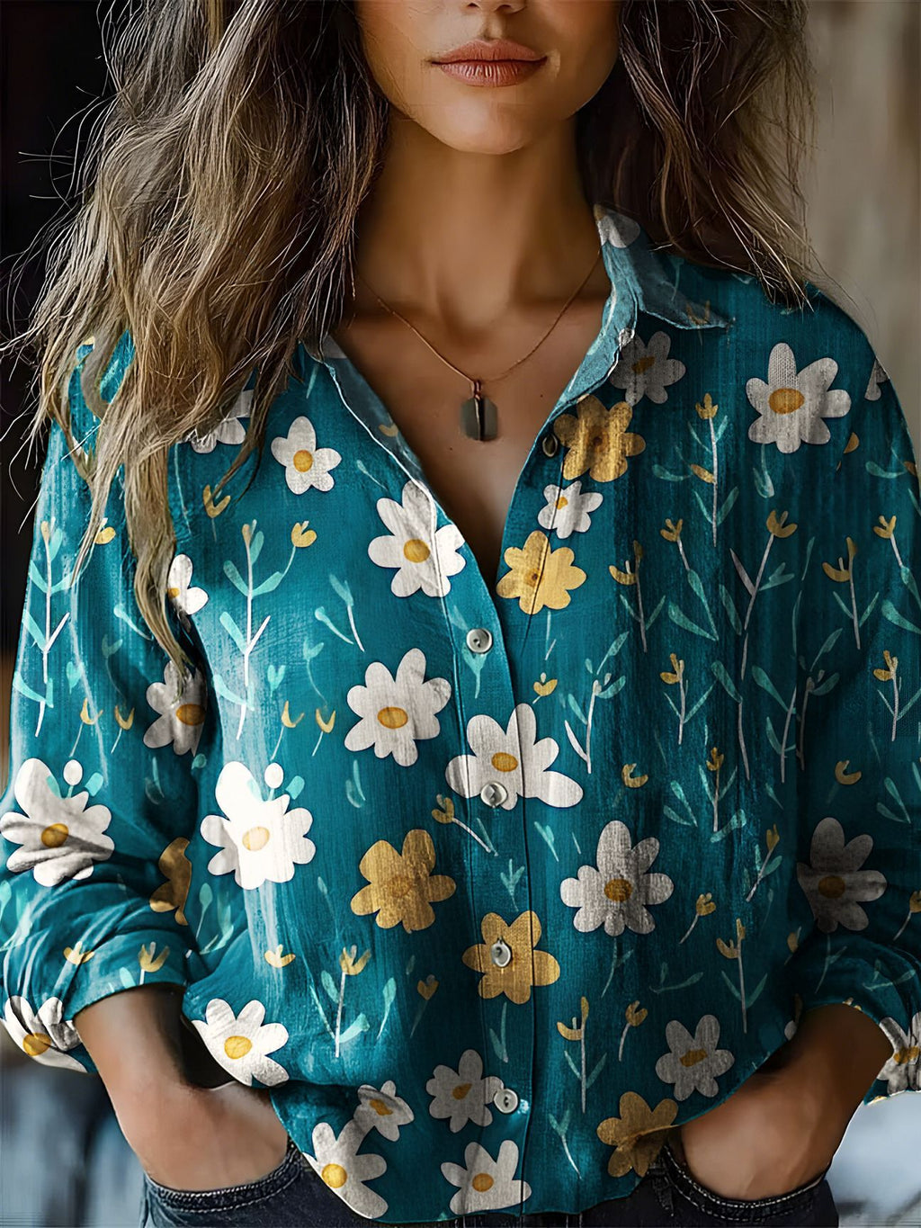 Blusa floral de manga larga en mezcla de lino