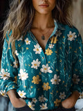 Blusa floral de manga larga en mezcla de lino