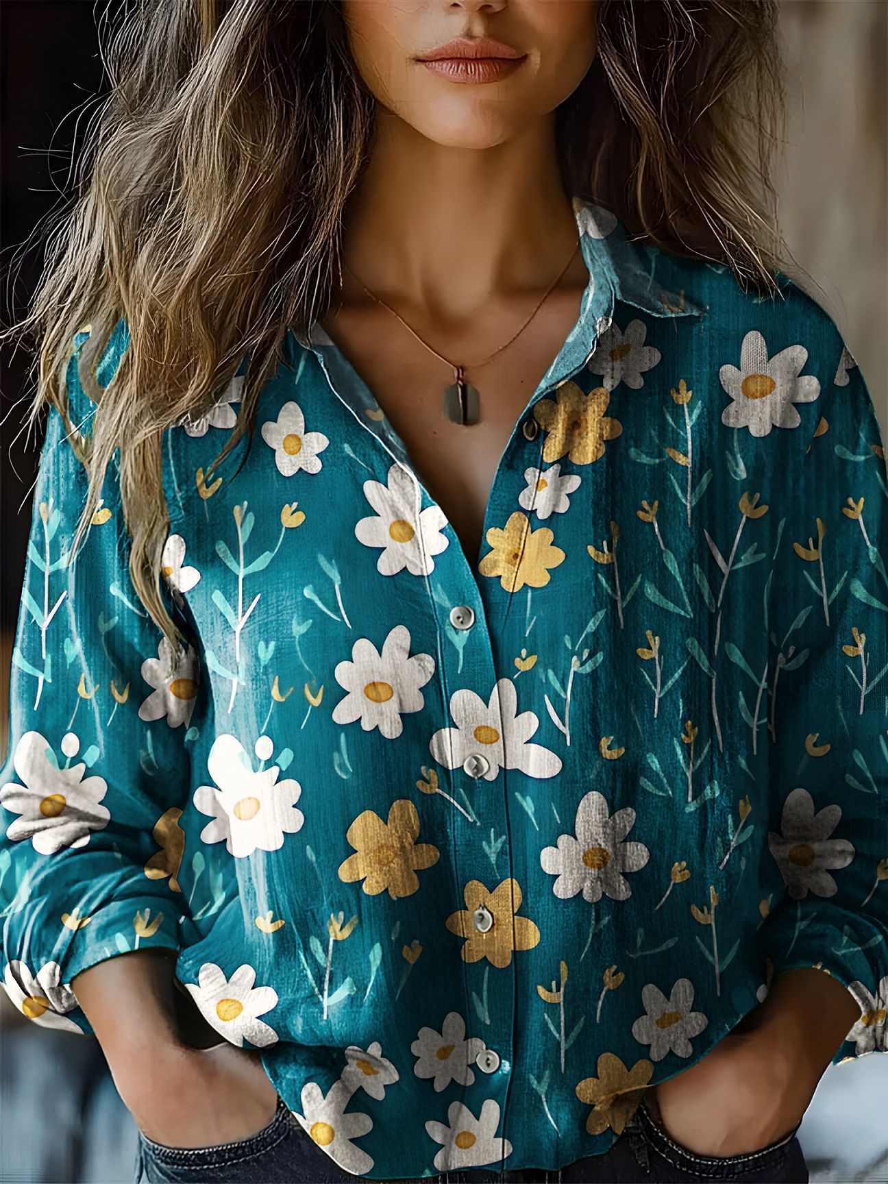 Blusa floral de manga larga en mezcla de lino