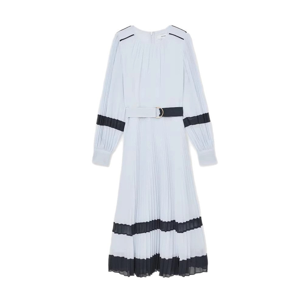 Pleated Dress with Lace Details and Belt