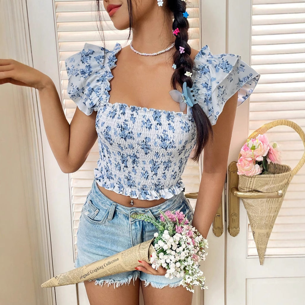 Top floral con escote cuadrado y mangas abullonadas