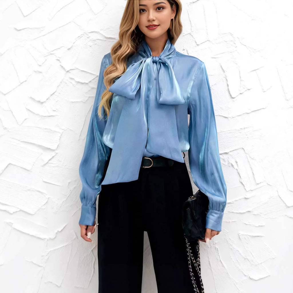Minimalist Blue Top with Long Sleeves and Lace-Up Details