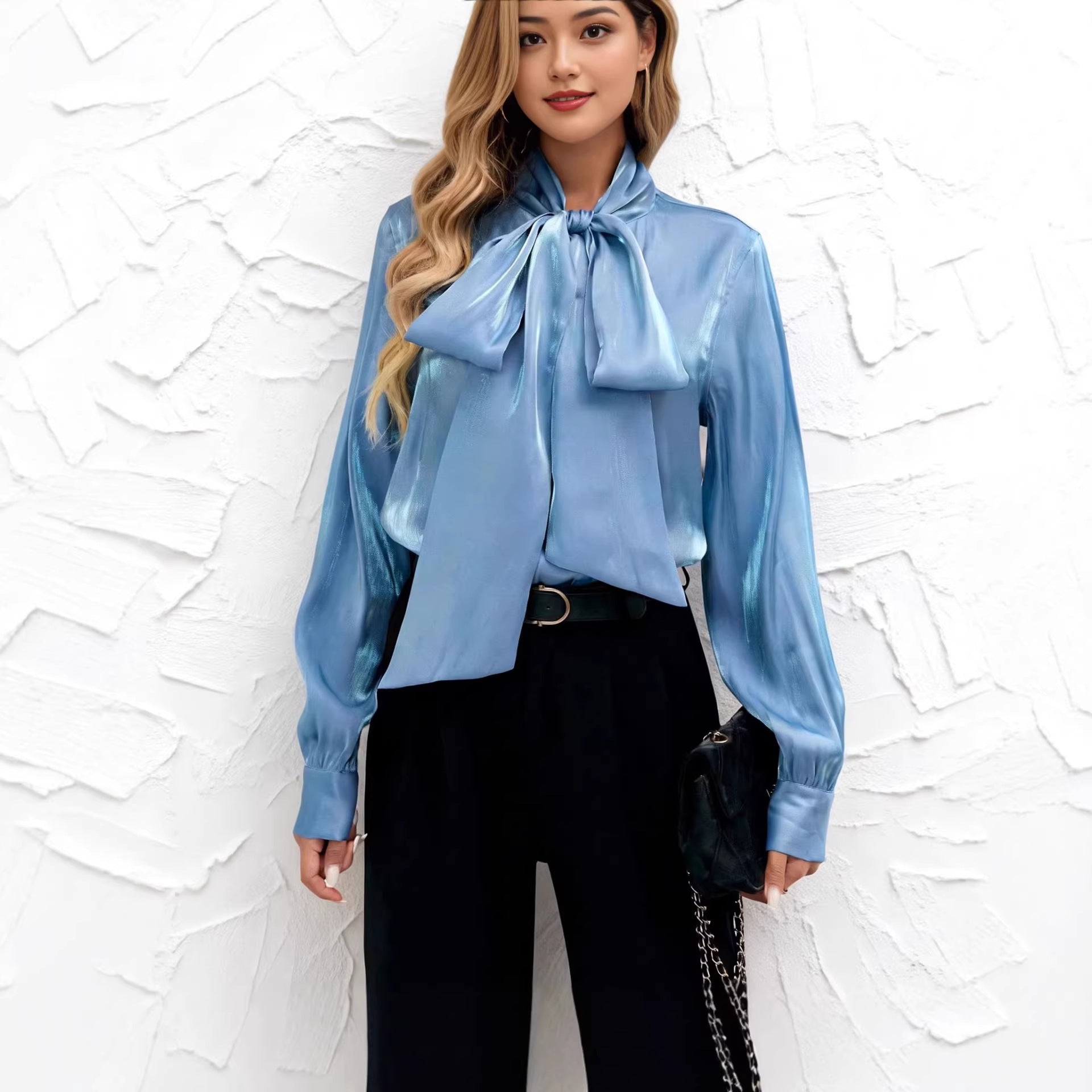 Minimalist Blue Top with Long Sleeves and Lace-Up Details