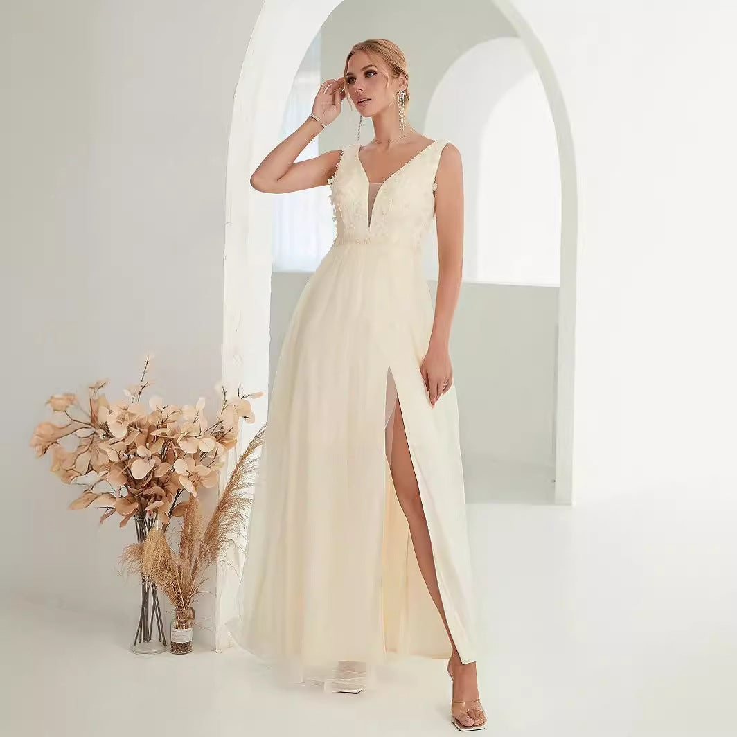 Long Sleeveless Dress with V-Neck and Lace Details