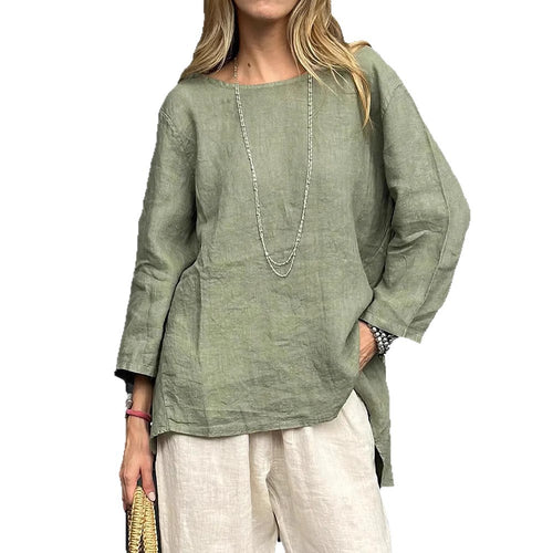 Blusa de algodón y lino con cuello redondo y manga larga