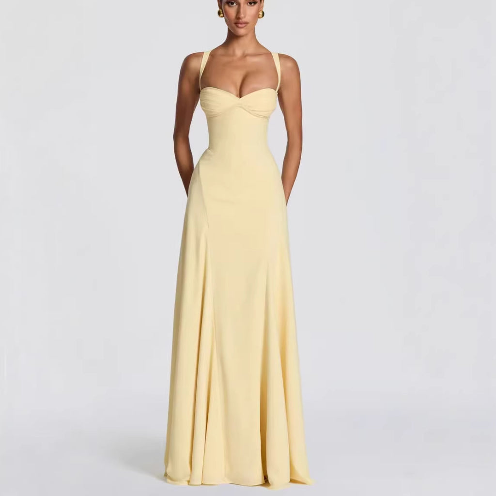 Wide-Strap Knotted Waistline Long Dress