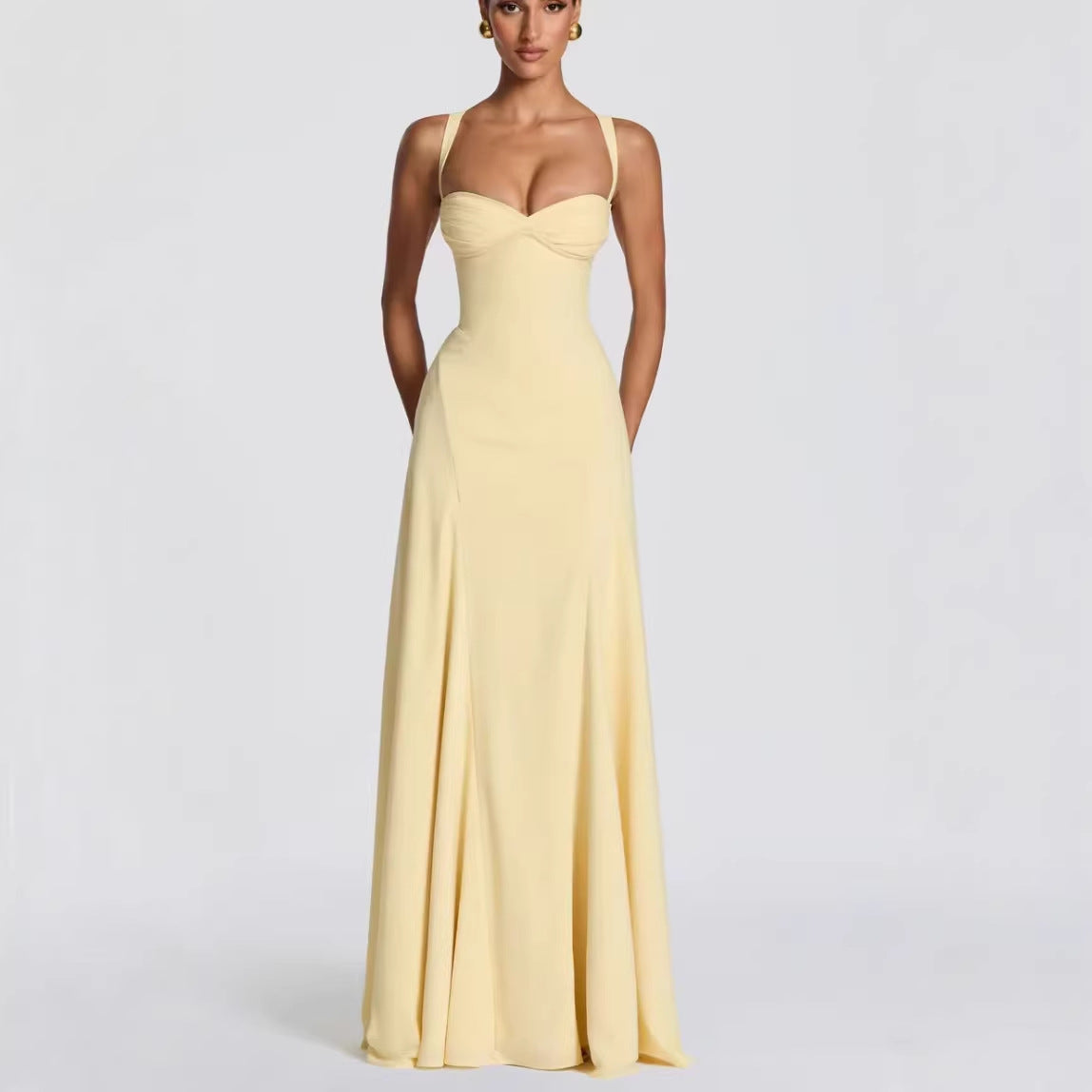 Wide-Strap Knotted Waistline Long Dress