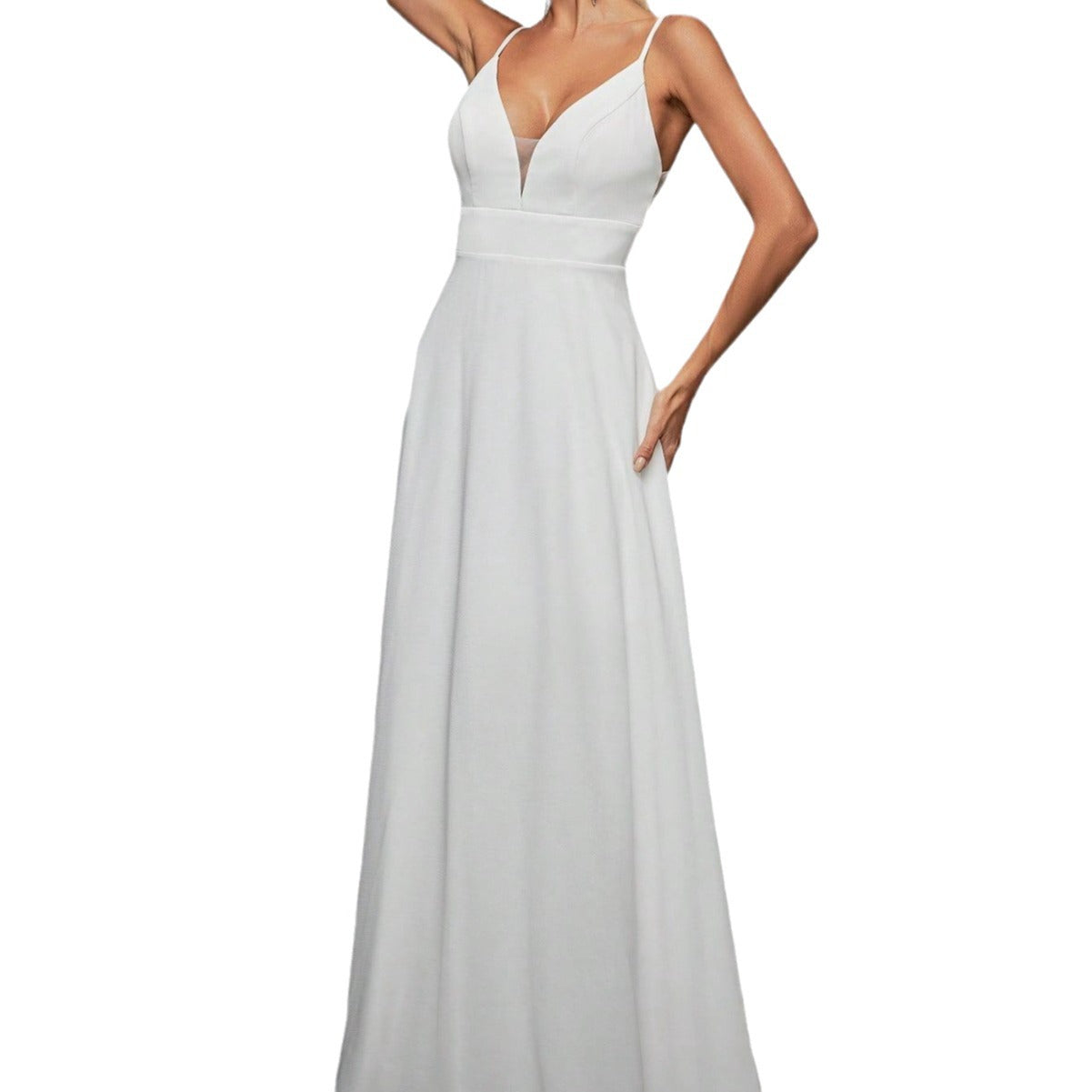 Long Evening Dress with Straps, V-Neck and Lace