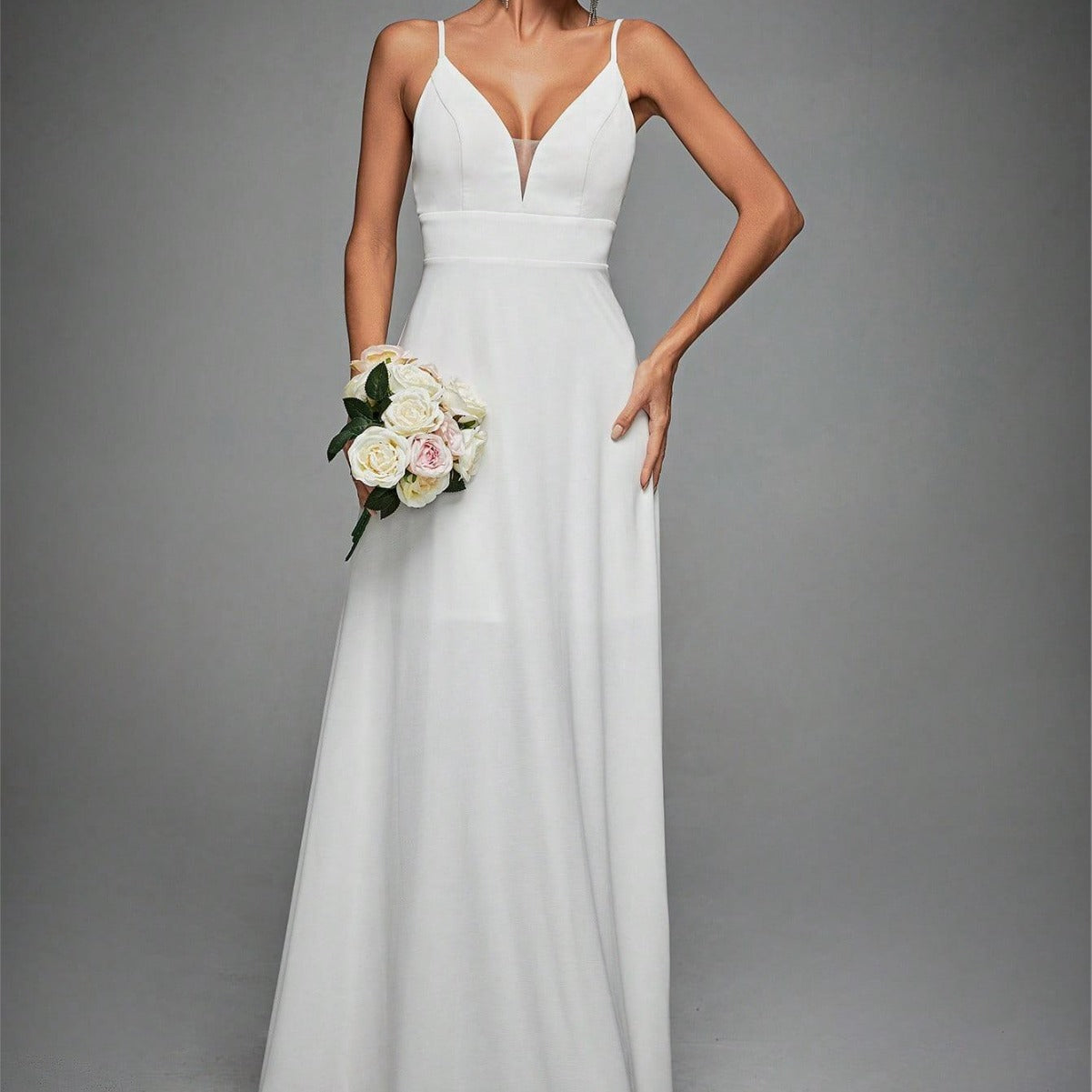 Long Evening Dress with Straps, V-Neck and Lace