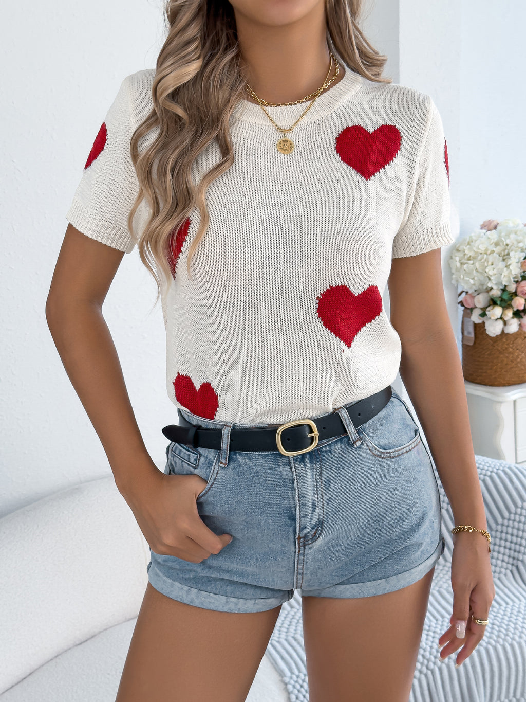 Long Open-Knit Cardigan with Leaf Pattern and Short Sleeves